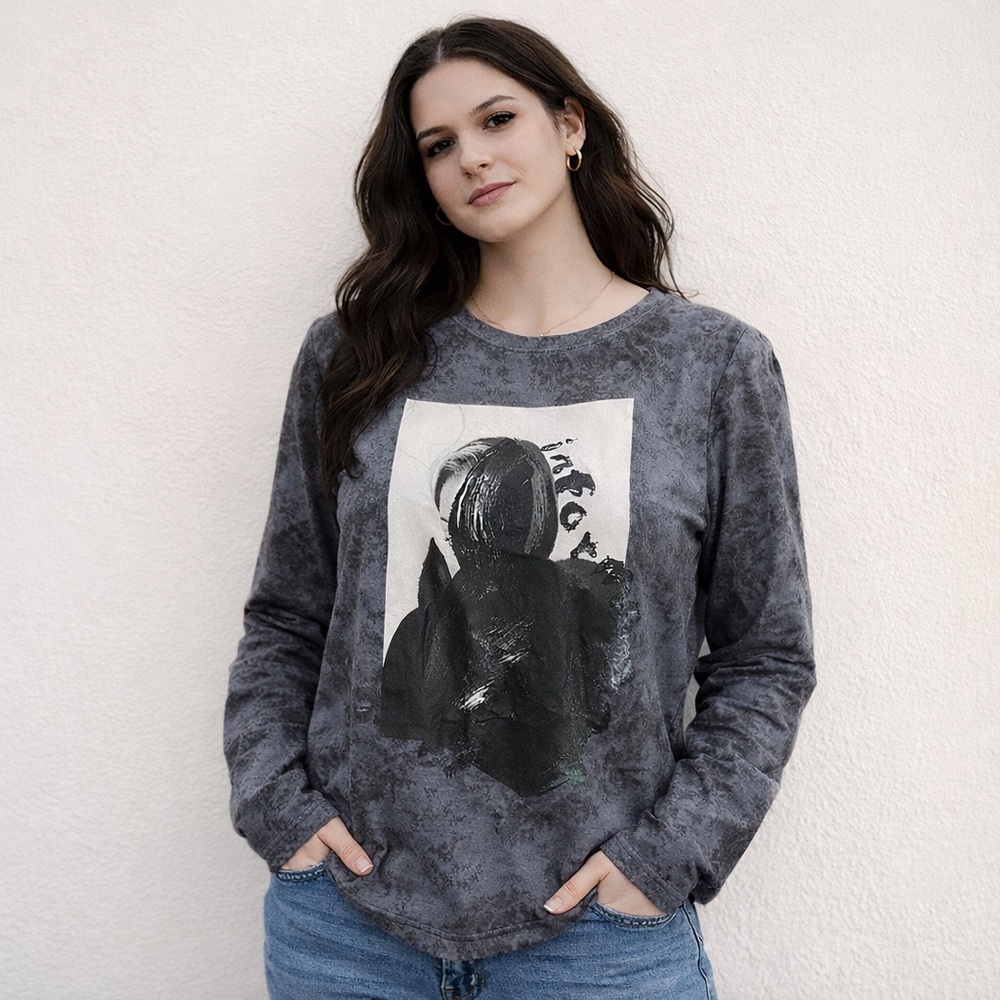 JNBY Gray Graphic Grunge Print Long Sleeve Top - Edgy Artwear Streetwear Small